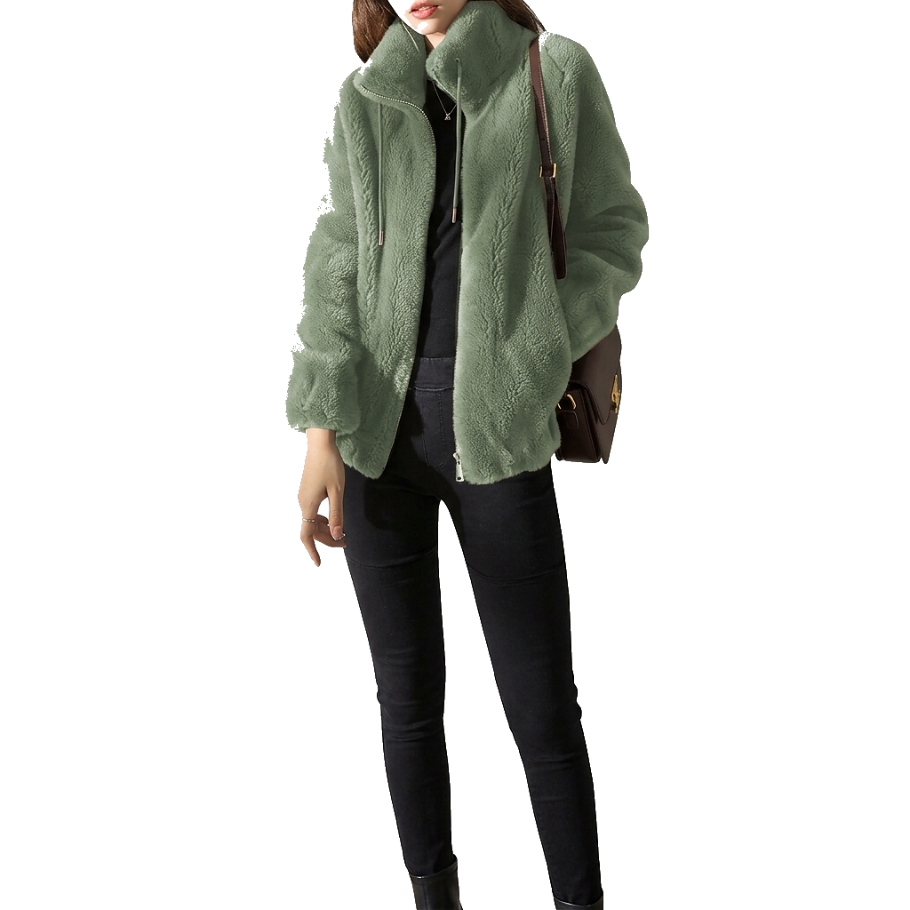 Women's textured fleece jacket with stand collar, zip front and long sleeves