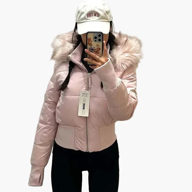 Women's cropped hooded jacket with fur-trimmed hood and front zip