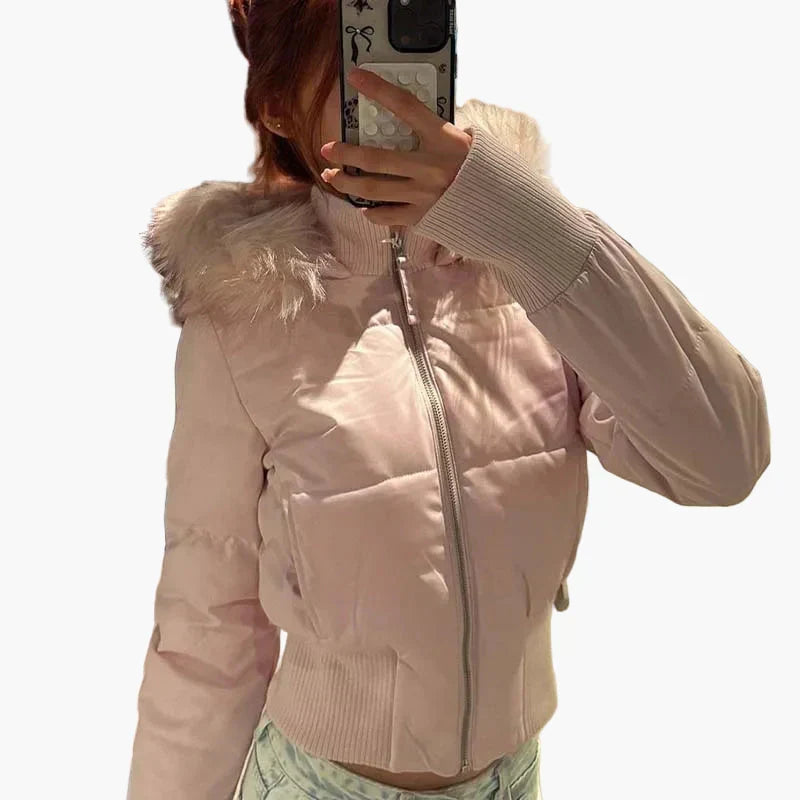 Women's cropped hooded jacket with fur-trimmed hood and front zip