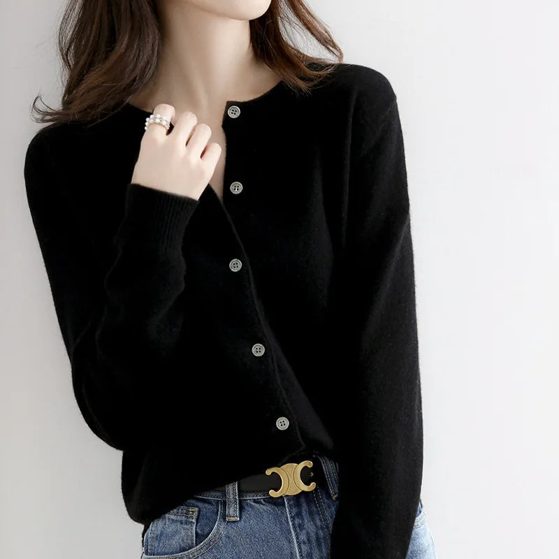 Women's button front cardigan with crew neckline, long sleeves and ribbed trims