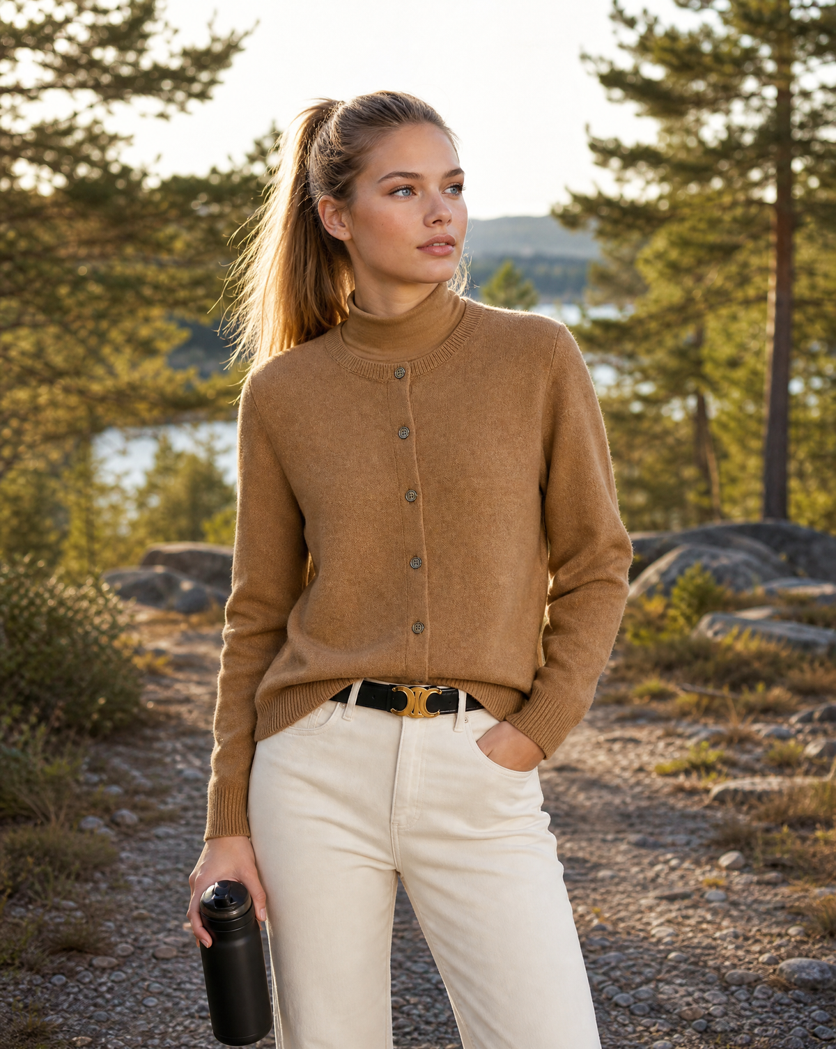 Women's button front cardigan with crew neckline, long sleeves and ribbed trims