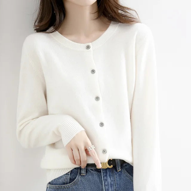 Women's button front cardigan with crew neckline, long sleeves and ribbed trims