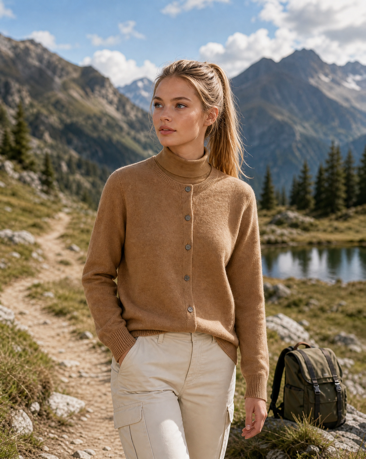 Women's button front cardigan with crew neckline, long sleeves and ribbed trims