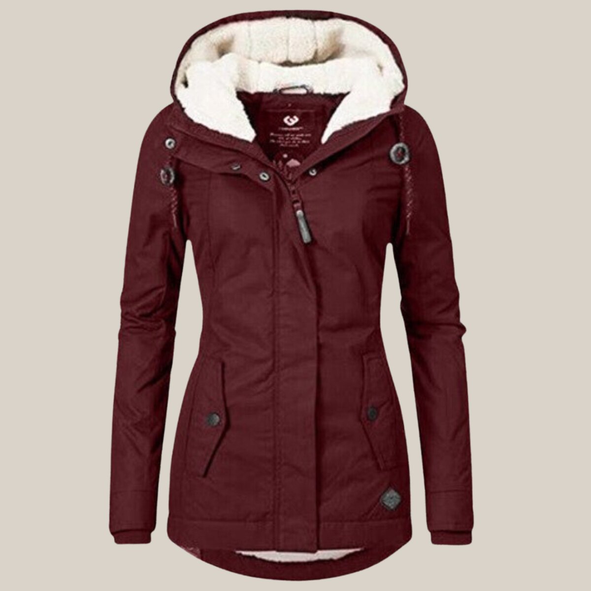 Women's hooded quilted jacket with fleece-style lined hood, long sleeves and zip front