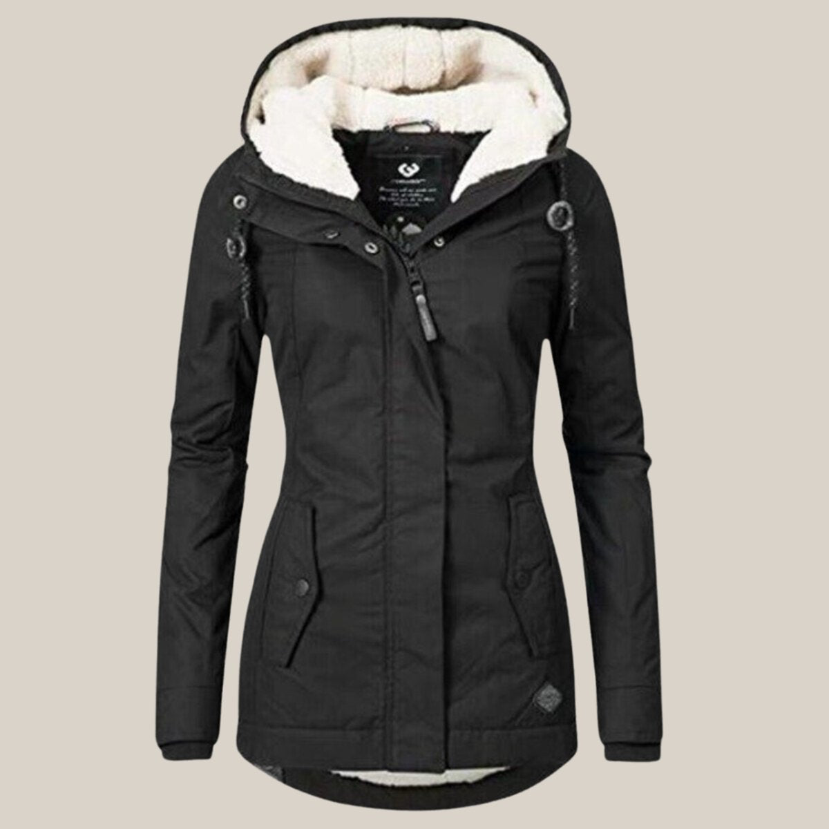 Women's hooded quilted jacket with fleece-style lined hood, long sleeves and zip front
