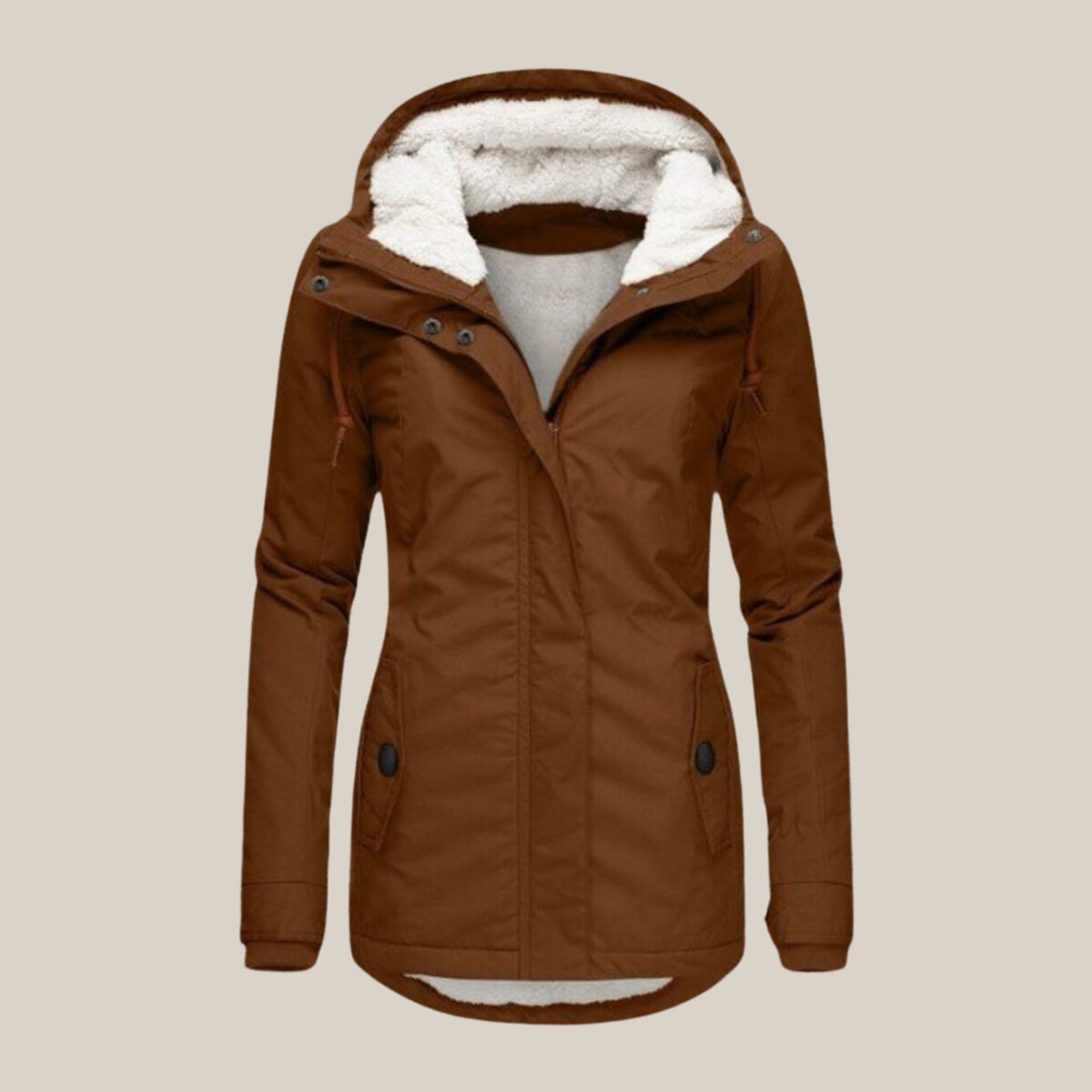 Women's hooded quilted jacket with fleece-style lined hood, long sleeves and zip front
