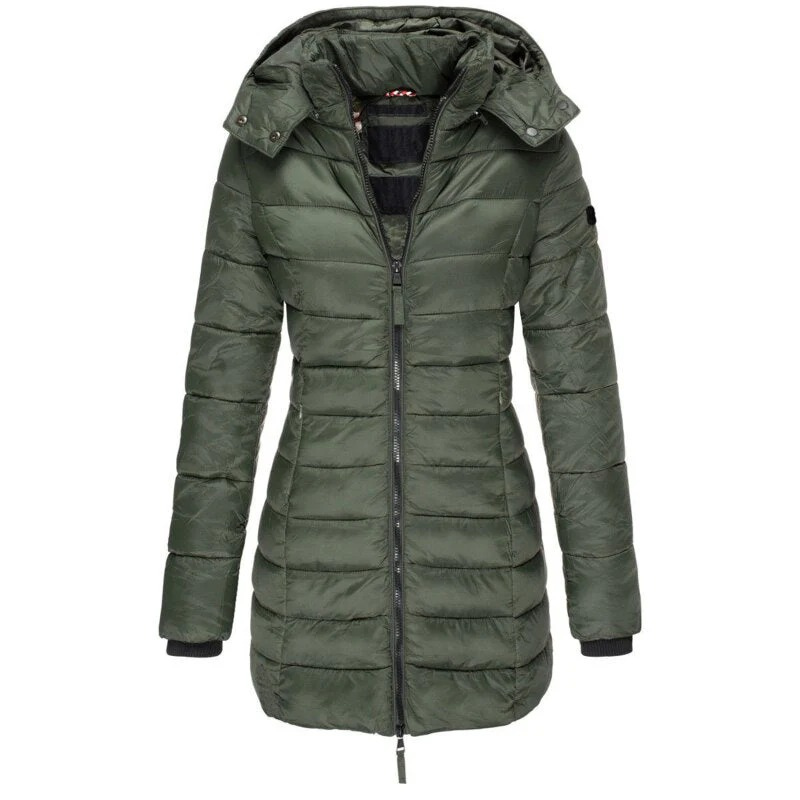 Women's long hooded padded coat with quilted panels and zip front
