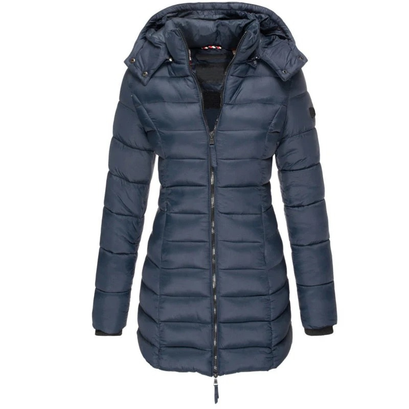 Women's long hooded padded coat with quilted panels and zip front