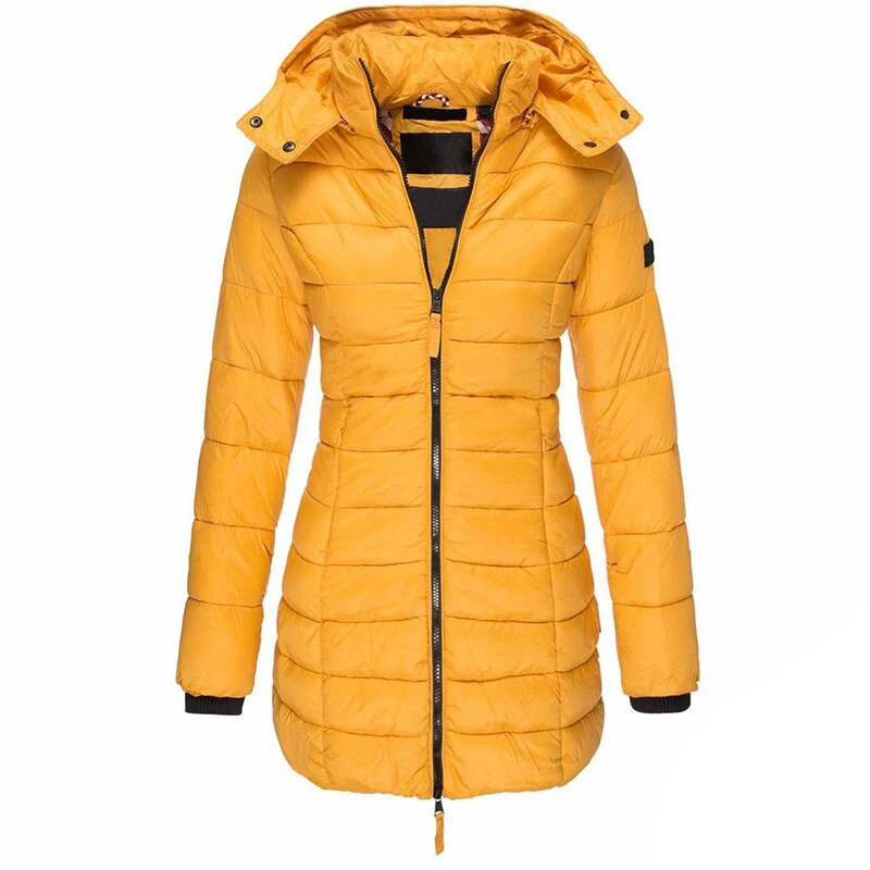 Women's long hooded padded coat with quilted panels and zip front