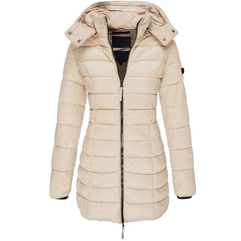Women's long hooded padded coat with quilted panels and zip front
