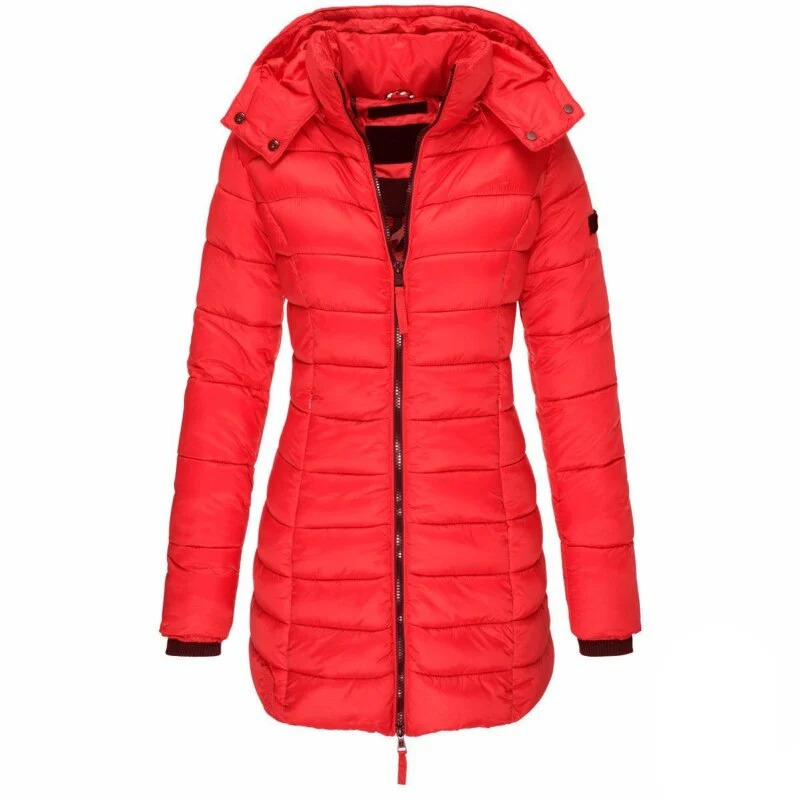 Women's long hooded padded coat with quilted panels and zip front