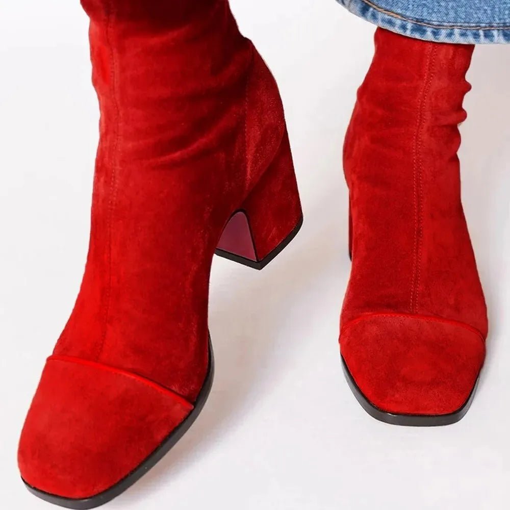 Women's square-toe heeled ankle boots with a block heel and side zip