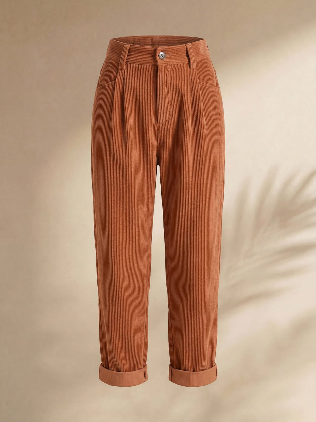 Women's high-rise corduroy trousers with straight legs, side pockets and cuffed hems