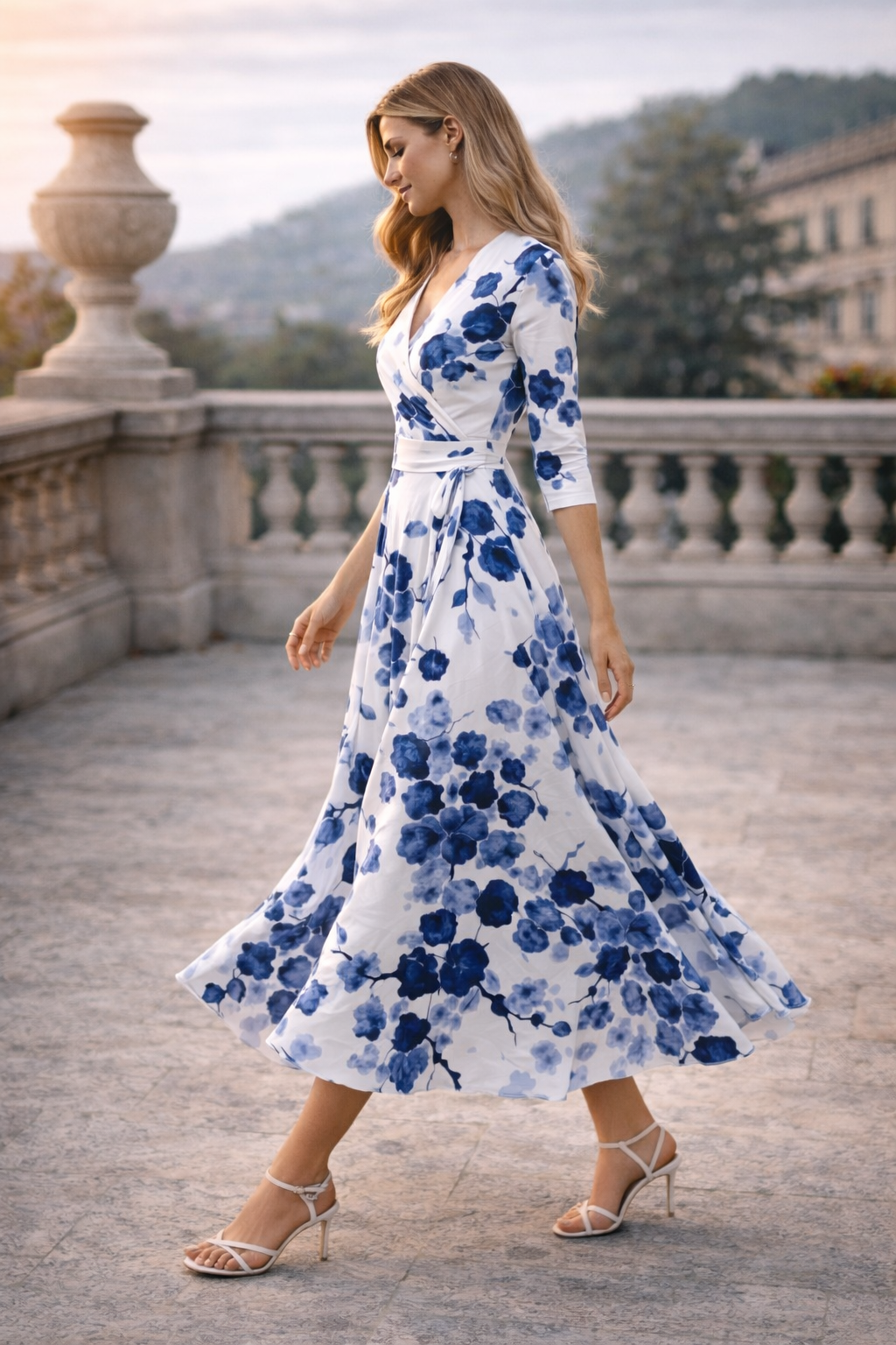 Women’s Floral Wrap Midi Dress | Blue Porcelain