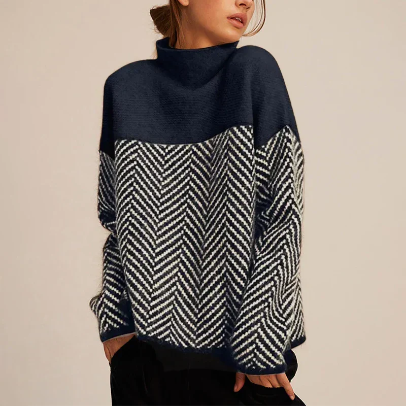Women's funnel neck jumper with contrasting chevron pattern and long sleeves