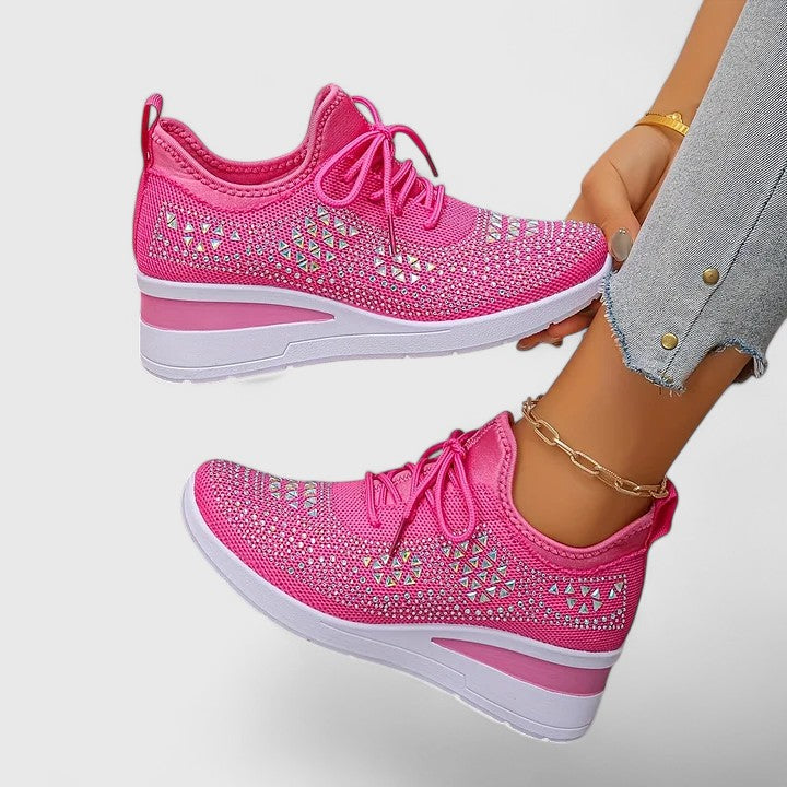 Women's Sneakers Rhinestone Embellished Wedge Lace-Up - Black