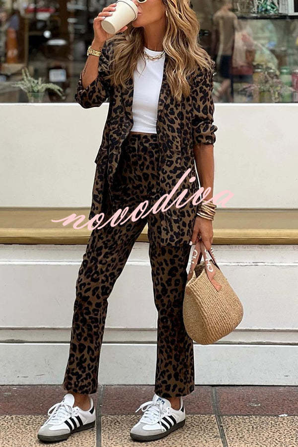 Women's leopard print blazer and trousers set with lapel collar and long sleeves