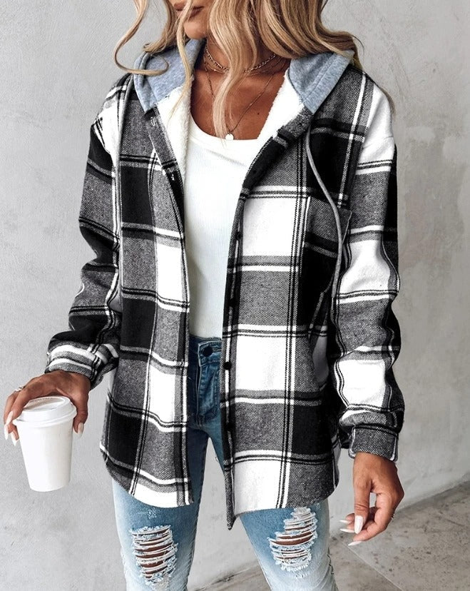 Women's checked hooded shirt jacket with button front and long sleeves