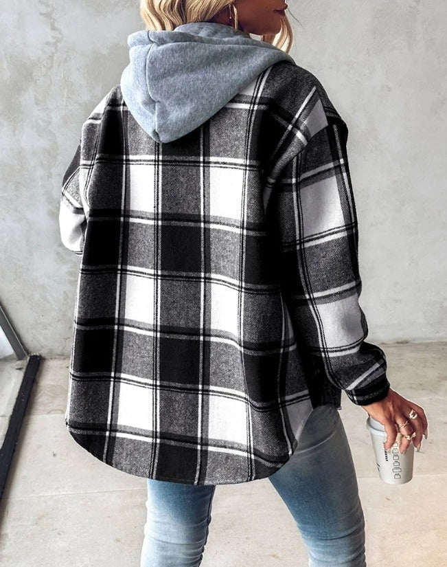 Women's checked hooded shirt jacket with button front and long sleeves
