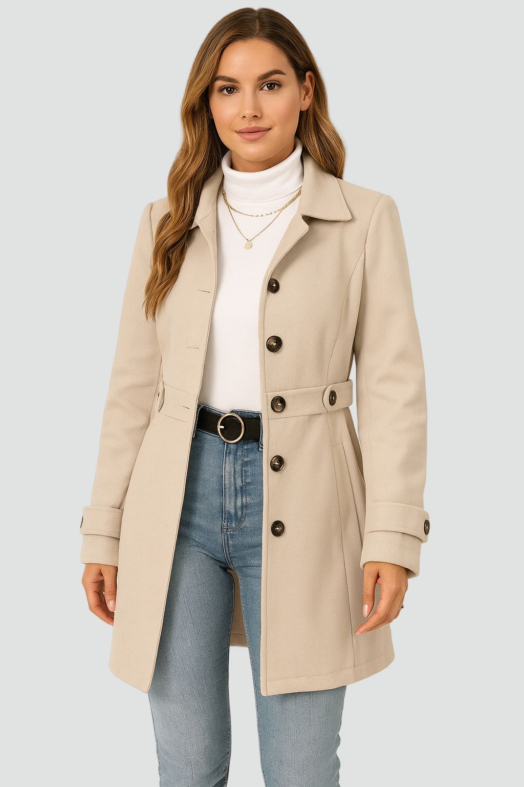 Women's belted trench coat with lapel collar and button front