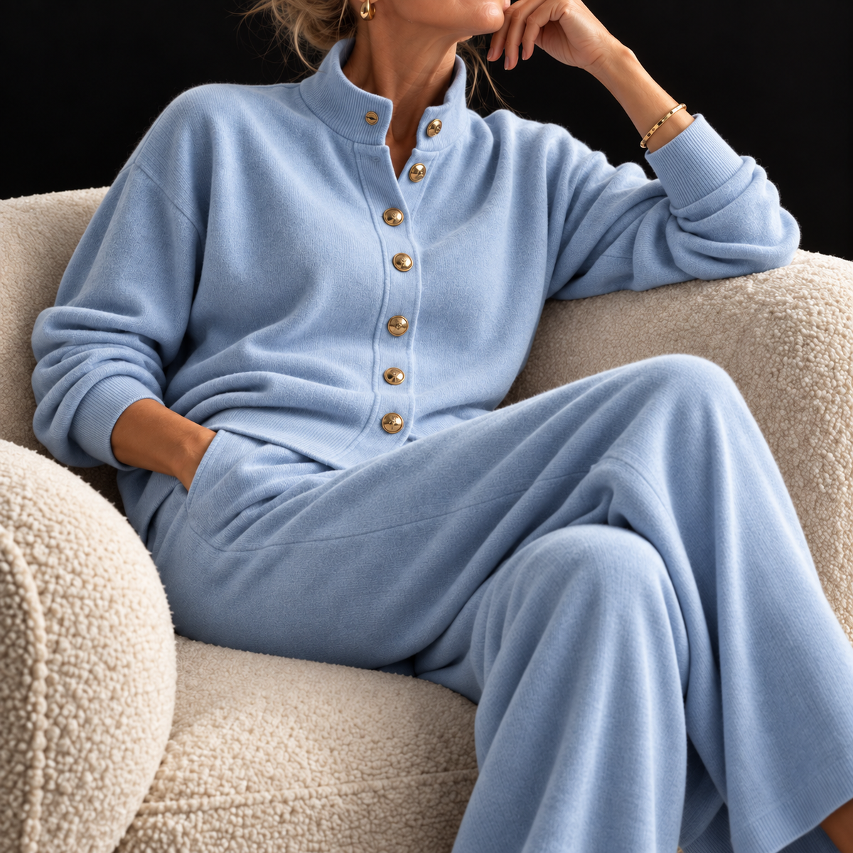 Women's long-sleeved button-front lounge set with mock neck and full-length trousers