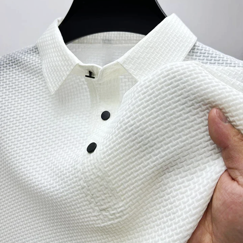 Men's Polo Shirt Textured Woven Short Sleeve - White
