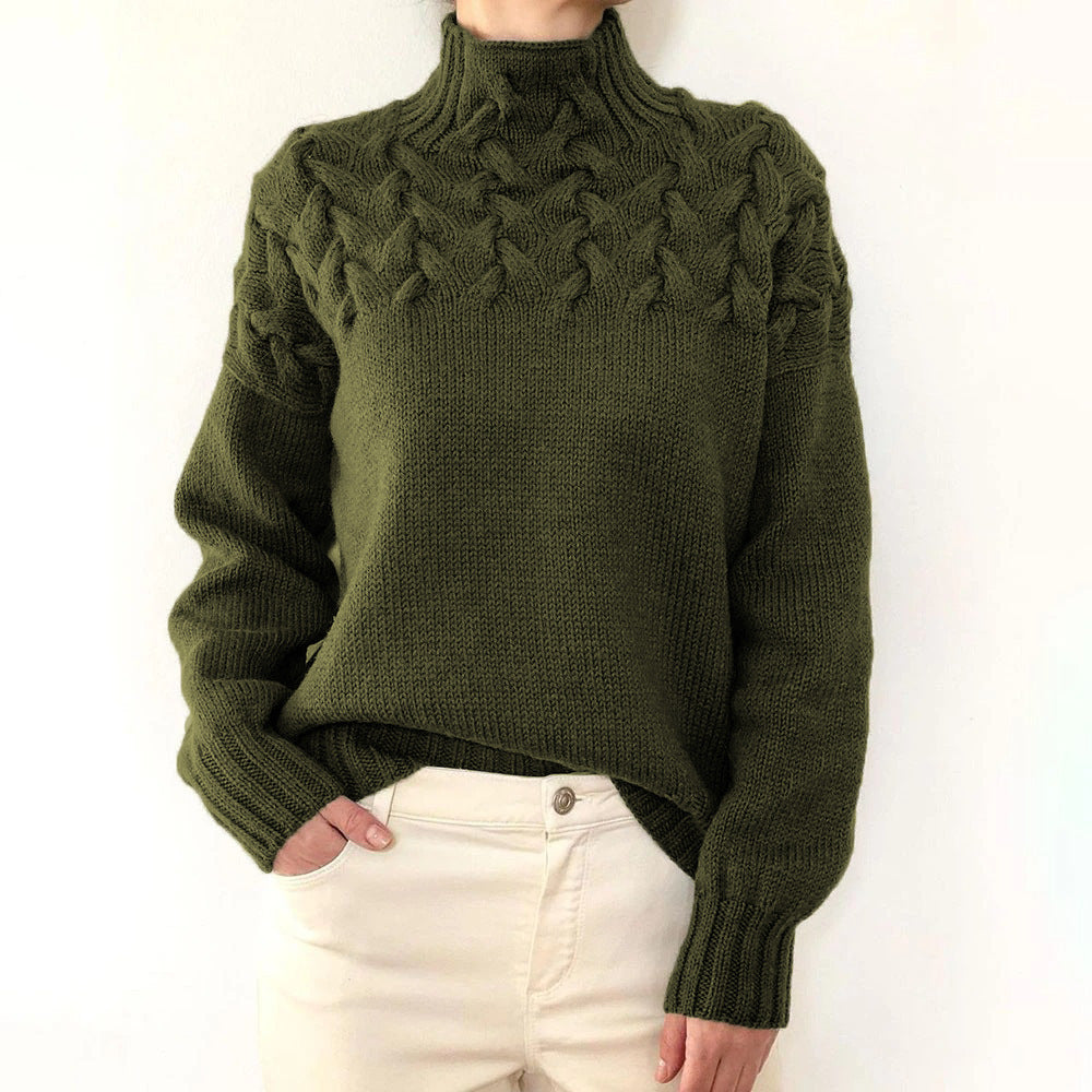 Women's cable-knit turtleneck sweater with long sleeves and ribbed trims