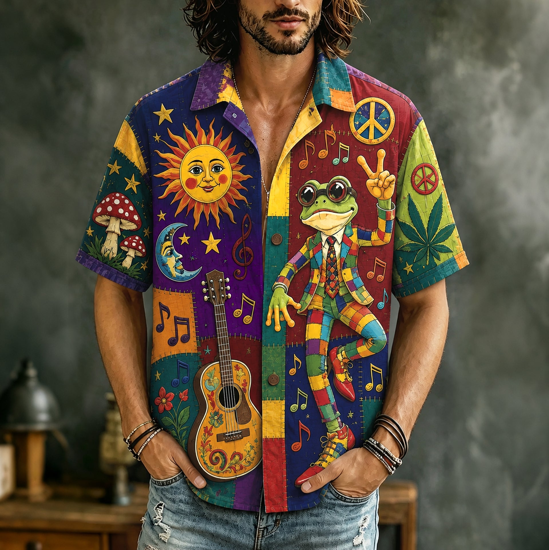 Men's short-sleeve patchwork shirt with frog, guitar, sun, moon and music illustrations