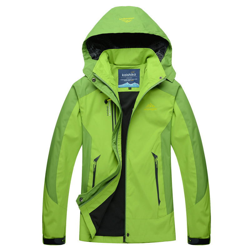 Women's hooded colour block waterproof jacket with zipped pockets