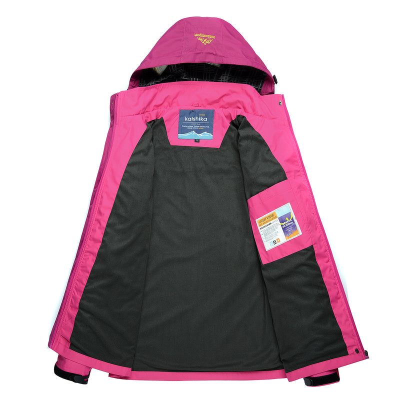 Women's hooded colour block waterproof jacket with zipped pockets