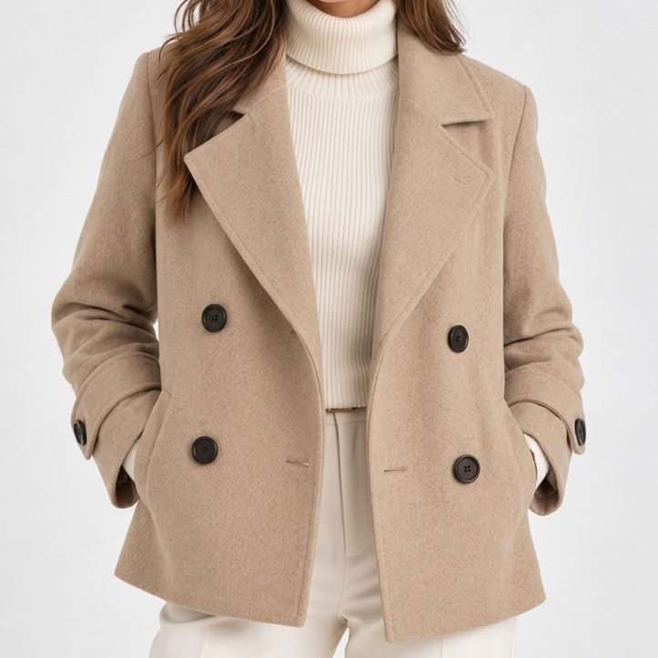 Women's short double-breasted coat with notched lapels and long sleeves