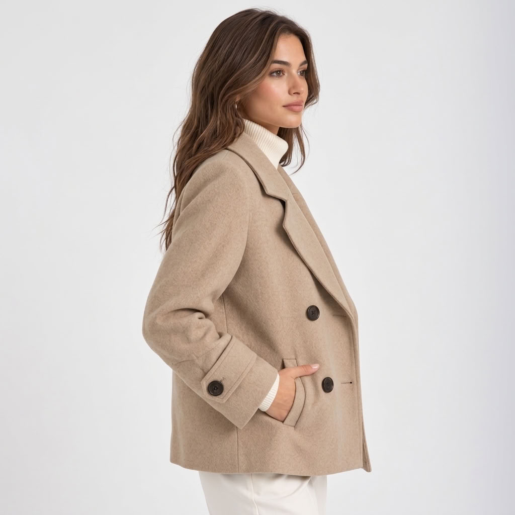 Women's short double-breasted coat with notched lapels and long sleeves