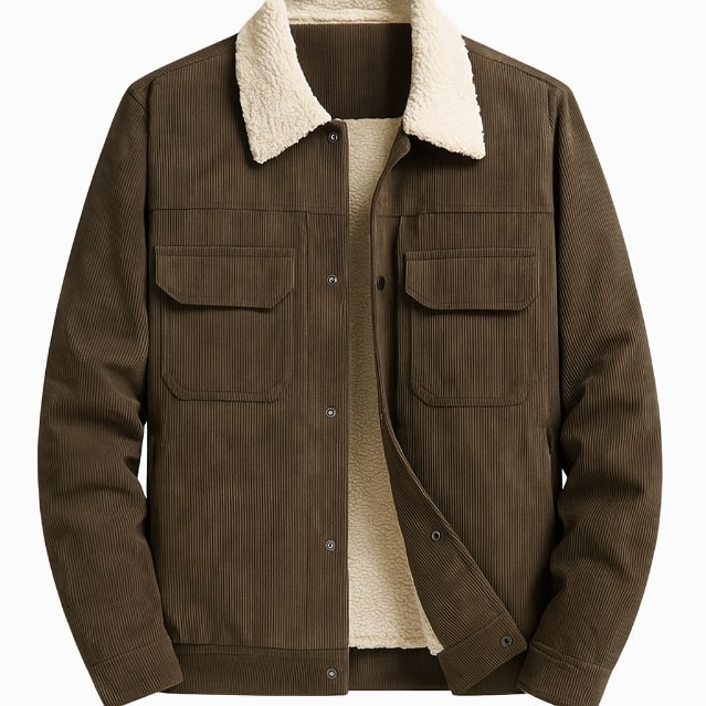 Men's corduroy jacket with sherpa collar, long sleeves and buttoned chest pockets