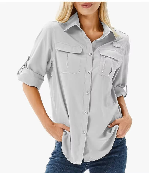 Women's collared utility shirt with chest pockets and roll-tab sleeves