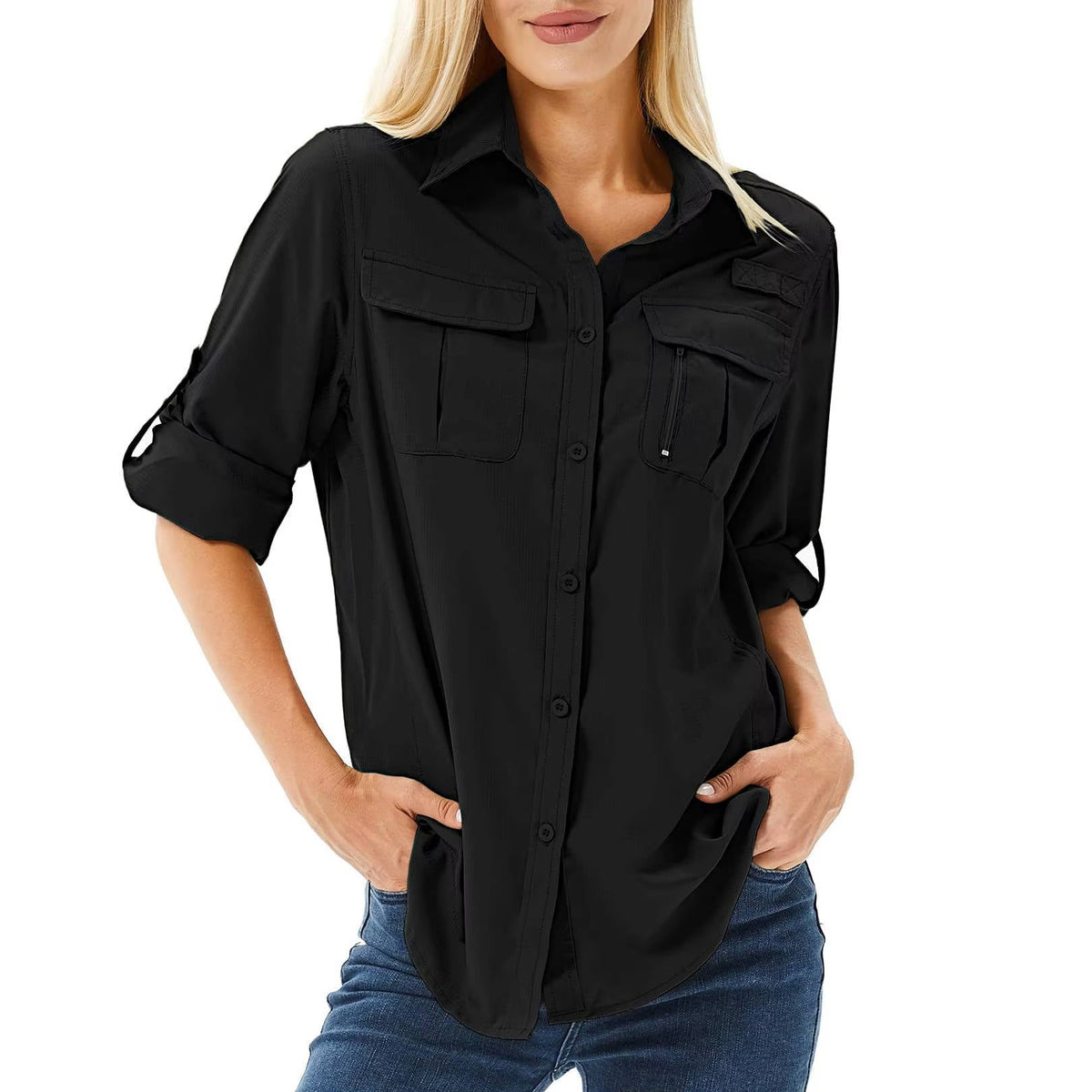 Women's collared utility shirt with chest pockets and roll-tab sleeves