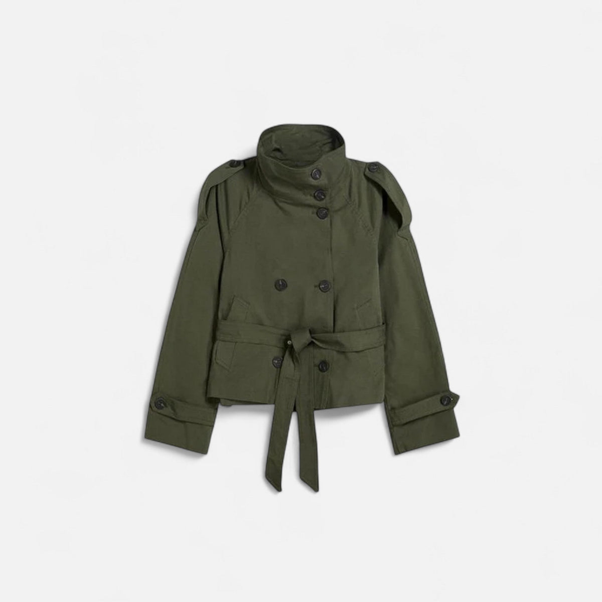 Women's short belted trench jacket with mandarin collar and long sleeves