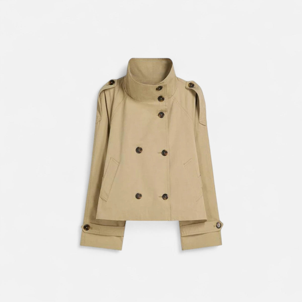 Women's short belted trench jacket with mandarin collar and long sleeves