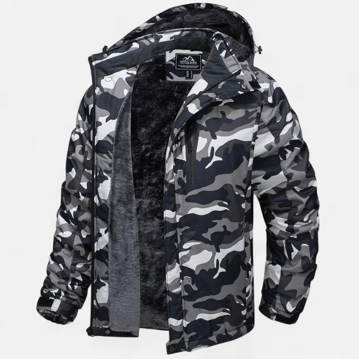 Men's camouflage hooded winter parka with zip front and plush-looking lining