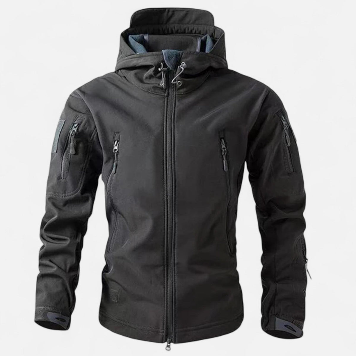 Men's hooded full-zip jacket with multiple zipped pockets and adjustable cuffs