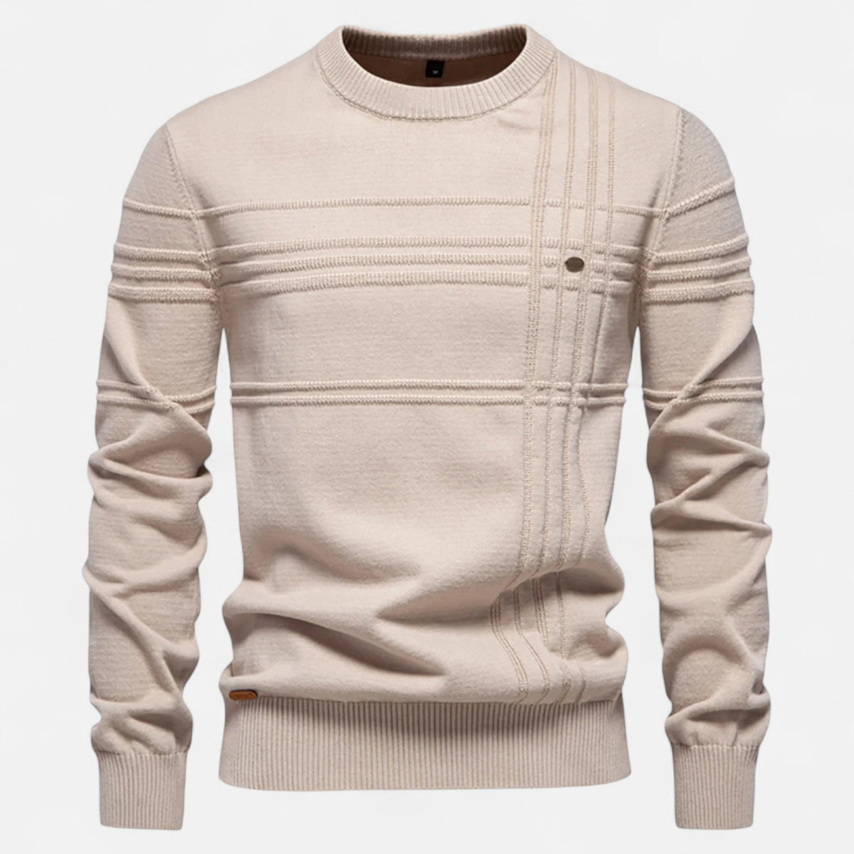 Men's long-sleeved striped crew neck jumper with ribbed trims