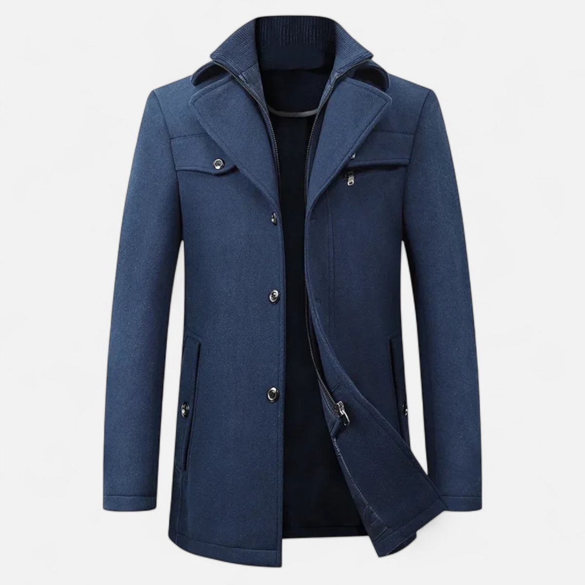 Men's mid-length coat with high collar, buttons, zip fastening and multiple pockets