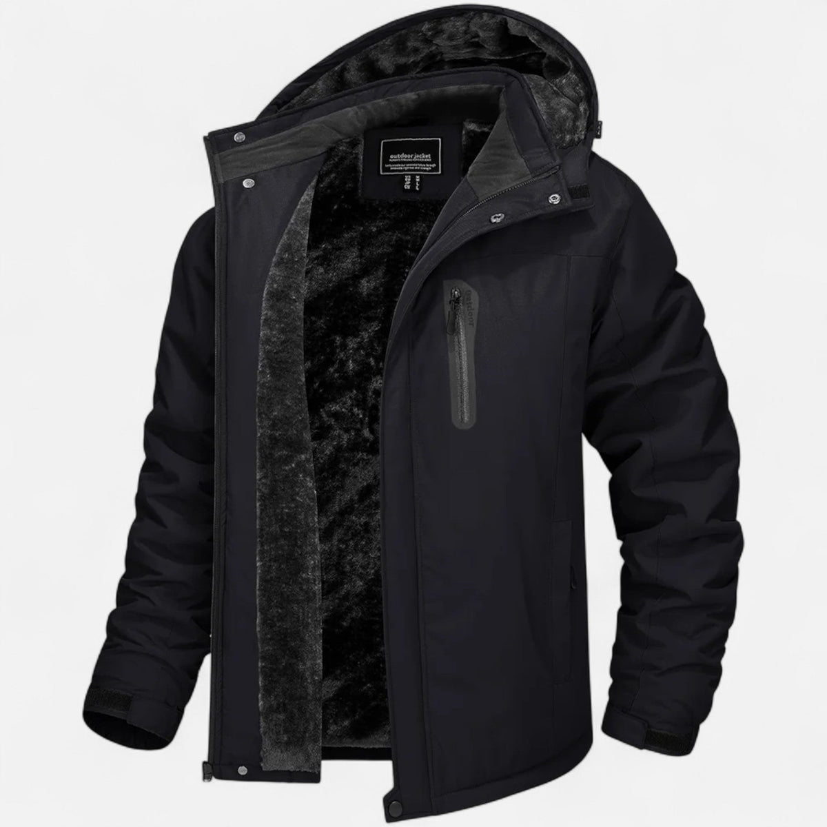 Men's camouflage hooded winter parka with zip front and plush-looking lining