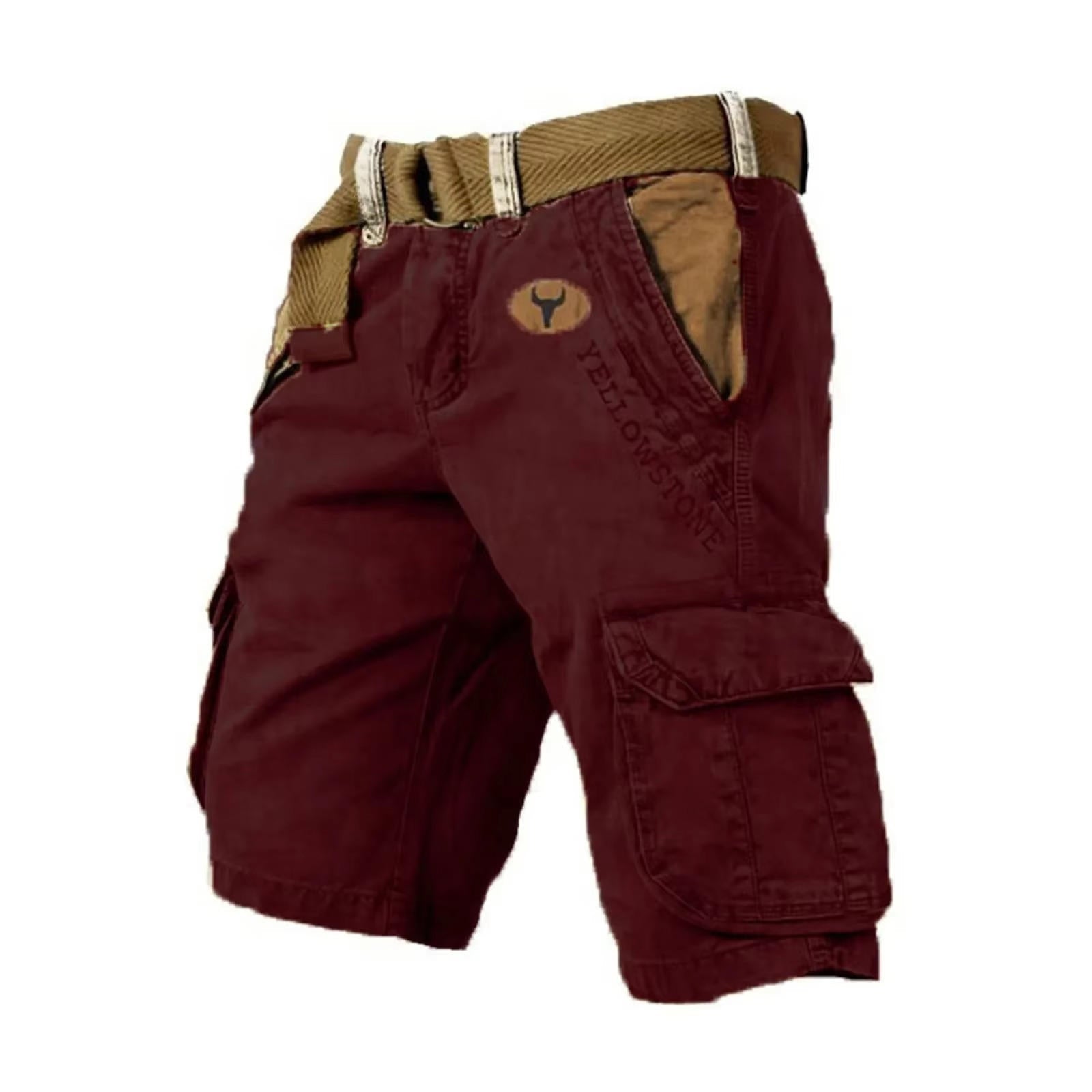 Men's Cargo Shorts Washed Relaxed Fit Multi-Pocket - Wine Red