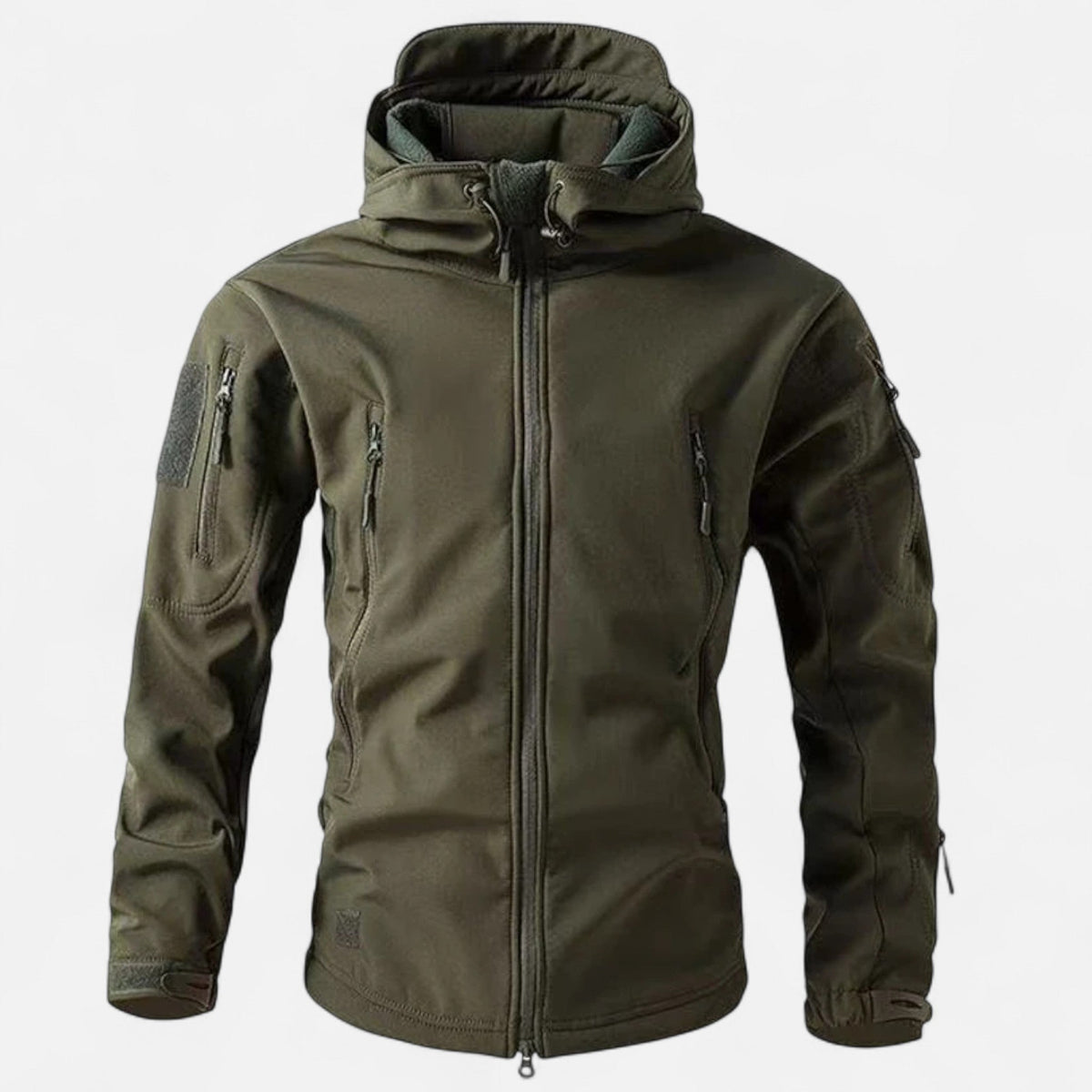 Men's hooded full-zip jacket with multiple zipped pockets and adjustable cuffs