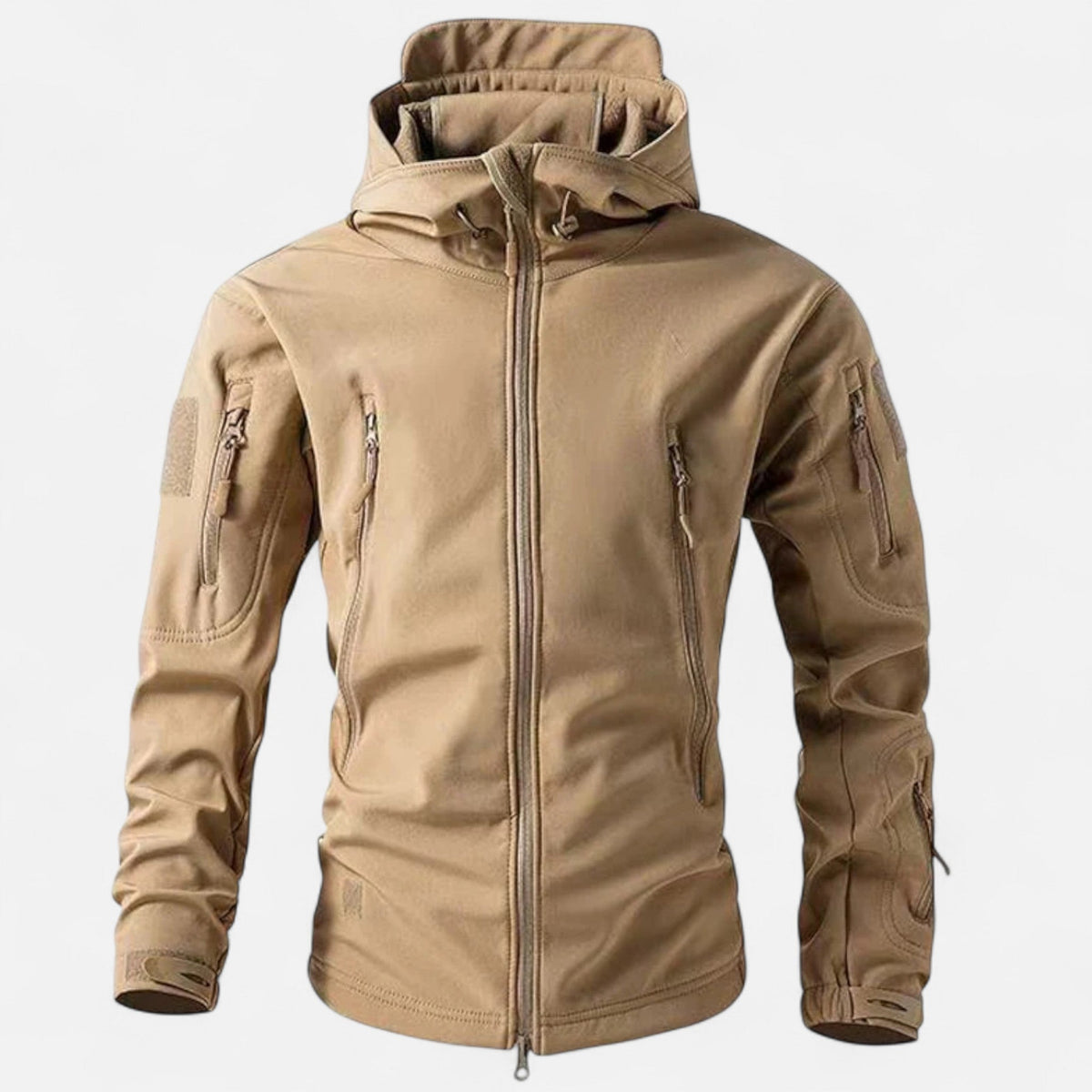 Men's hooded full-zip jacket with multiple zipped pockets and adjustable cuffs