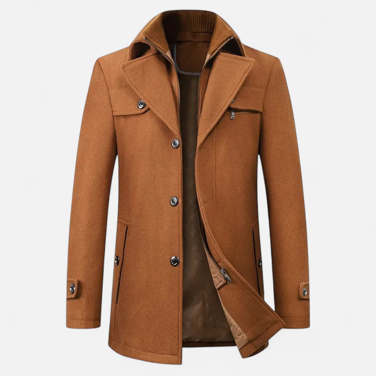 Men's mid-length coat with high collar, buttons, zip fastening and multiple pockets