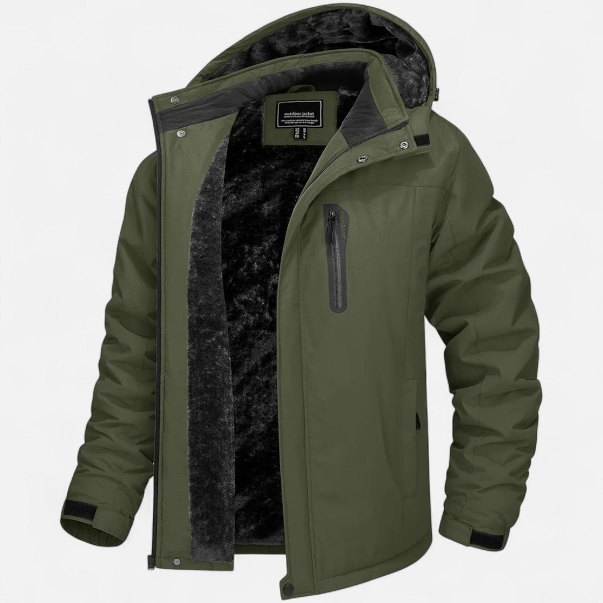 Men's camouflage hooded winter parka with zip front and plush-looking lining