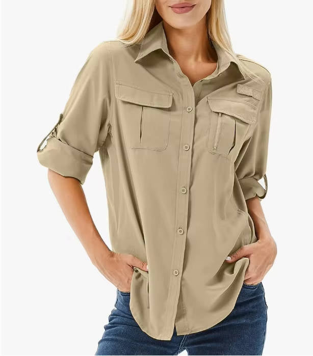 Women's collared utility shirt with chest pockets and roll-tab sleeves