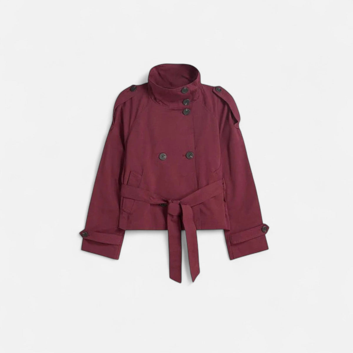 Women's short belted trench jacket with mandarin collar and long sleeves