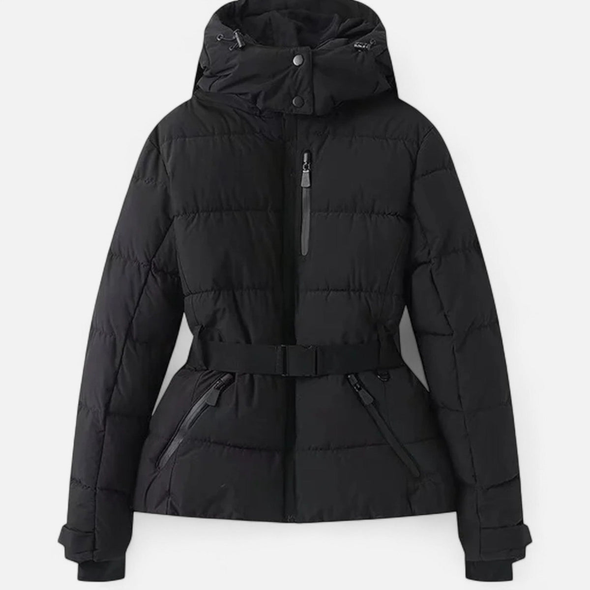 Women's hooded padded ski jacket with cinched waist, long sleeves and zipped pockets